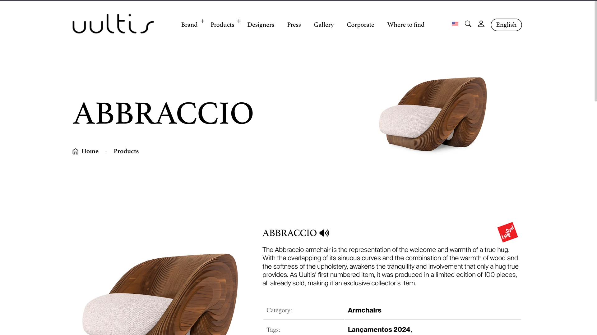 Página de produto da poltrona Abbraccio.